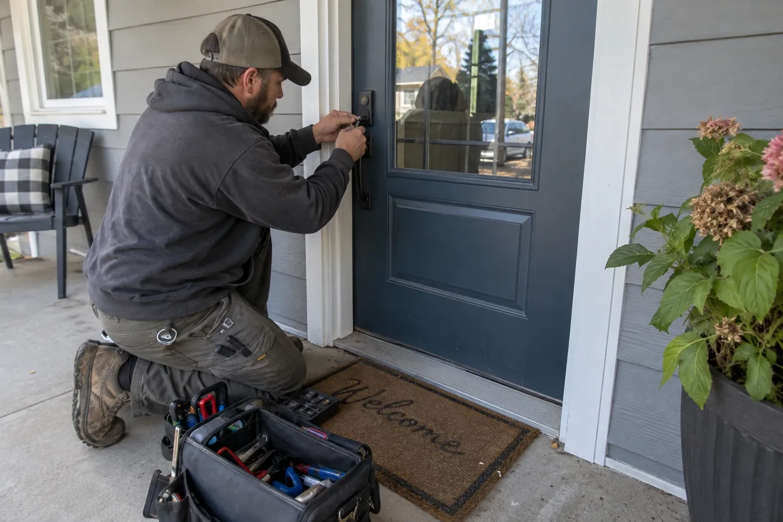 Technician kneeling on a porch at a navy blue front door, working on a black handle set beside an open tool bag. — Cambridge