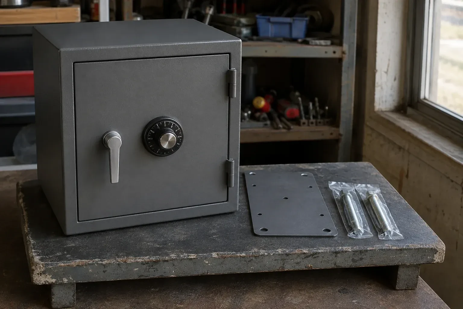 Closed small safe beside a metal plate and packaged fasteners on a workshop bench. — Safe Installation & Servicing, Cambridge