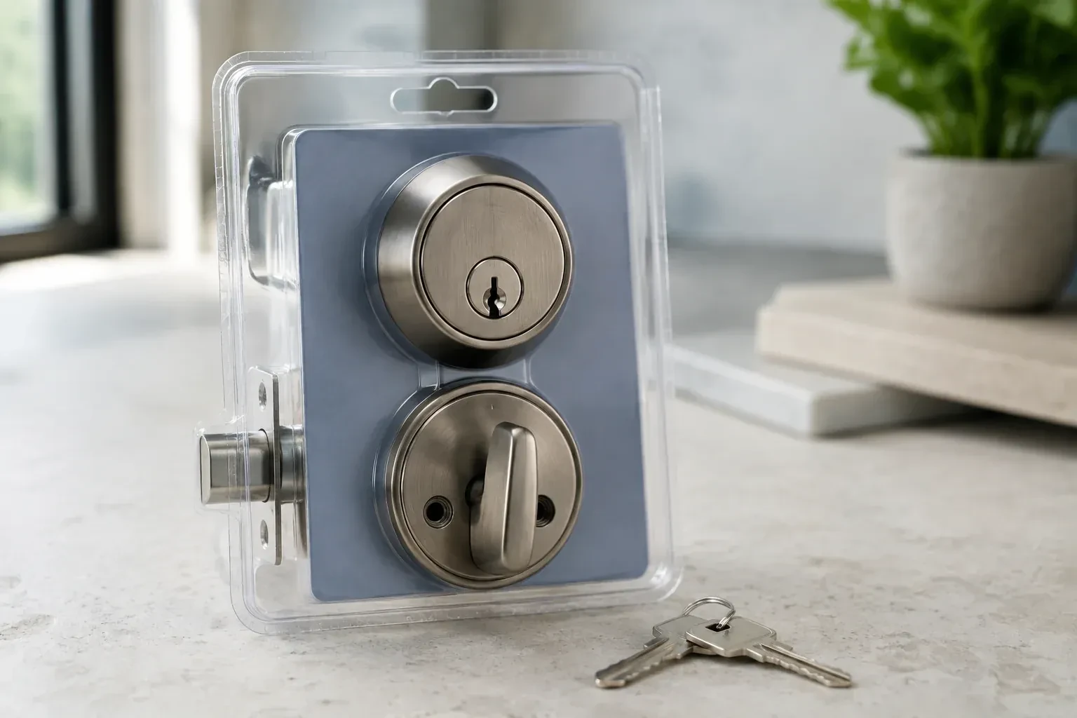 A silver-colored deadbolt set in clear packaging with two keys resting on the countertop in front. — Lock Rekeying, Cambridge