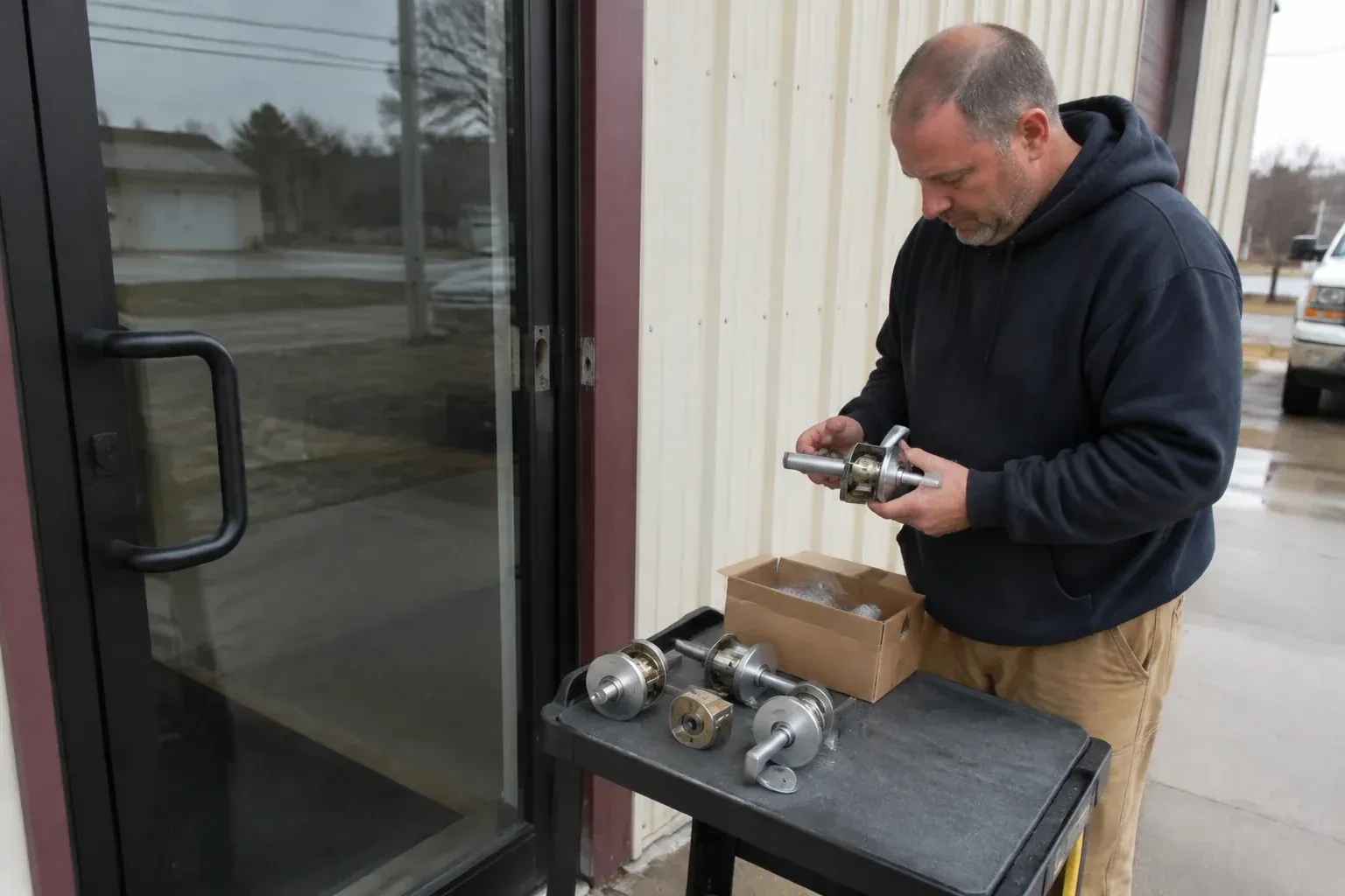 Person holding a door-handle assembly beside a glazed entrance, with more handle and lock components on a cart. — Commercial-Grade Lock Replacement, Cambridge