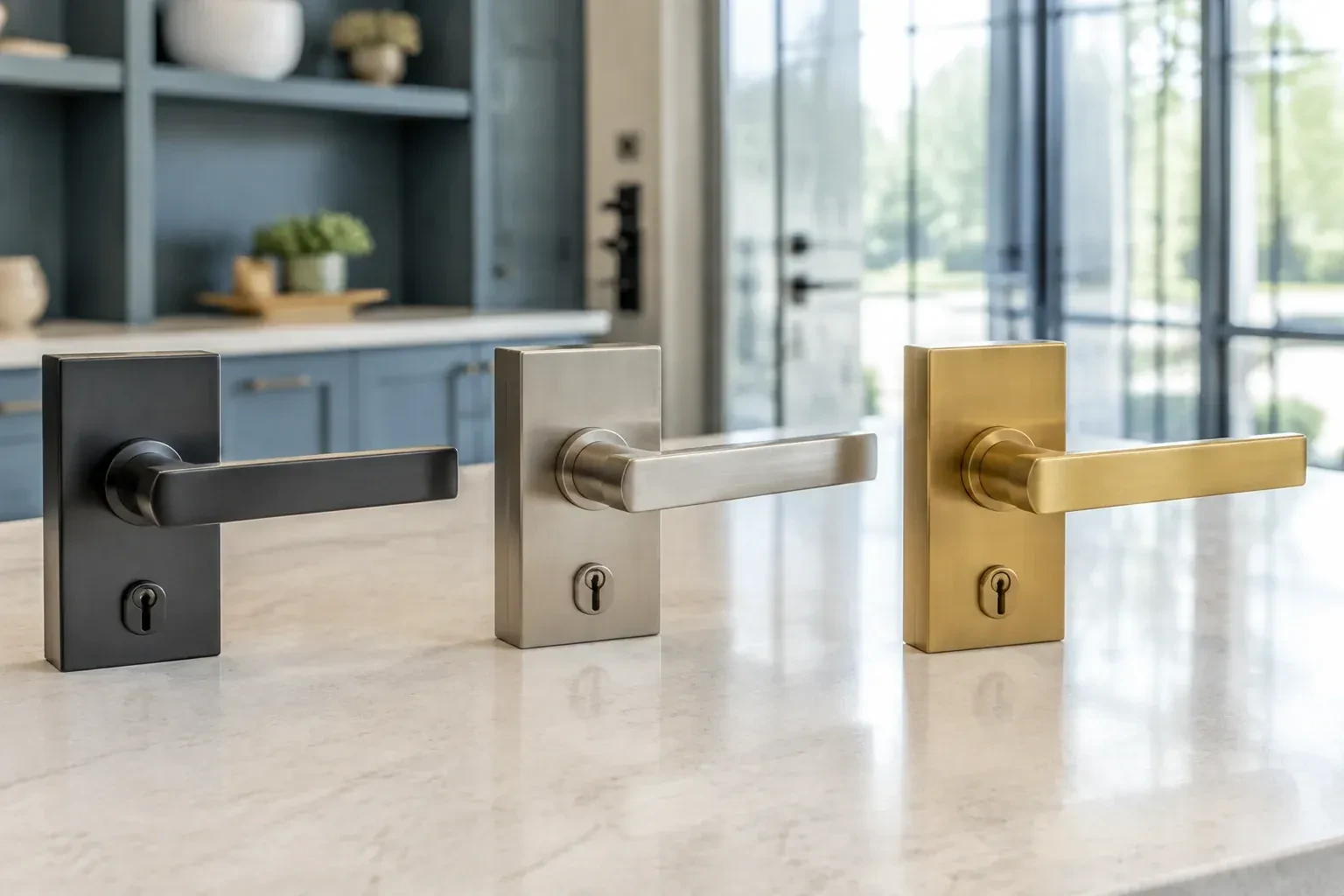 Three rectangular door-handle sets with keyholes in black, silver-colored and gold-colored finishes standing on a countertop. — Commercial Rekeying, Cambridge