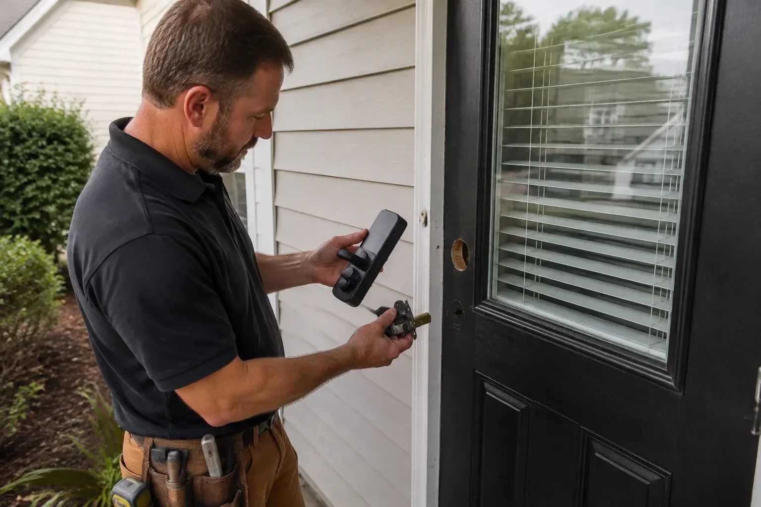 Person holding a black door-handle assembly and a latch beside a glazed door with exposed lock openings. — Smart Lock Installation, Cambridge