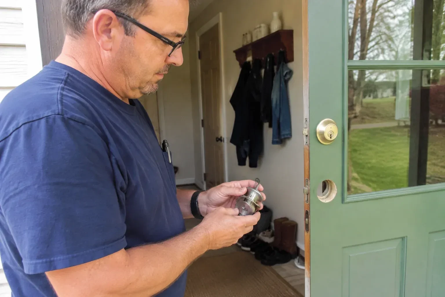 Person holding a cylindrical door-lock assembly beside an open green glazed door with its lower lock opening exposed. — Seized & Jammed Lock Opening, Cambridge