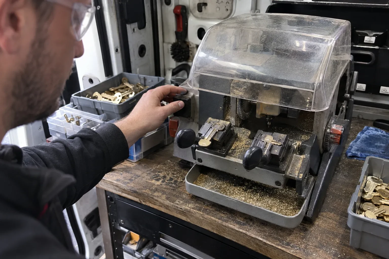 Person in safety glasses reaching for a key-cutting machine with a clear cover, beside trays of brass key blanks. — Spare Car Key Duplication, Cambridge