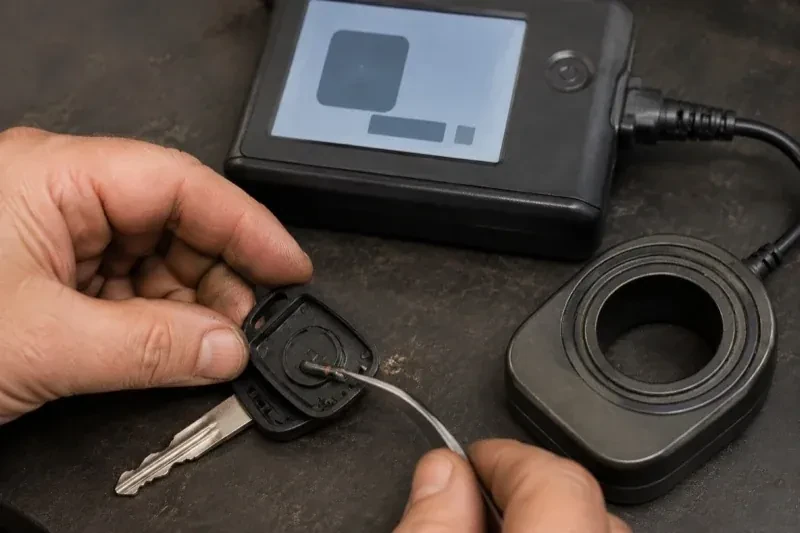 Hands using tweezers at an opened car-key head beside a small electronic unit and a ring-shaped accessory. — Transponder Key Programming, Cambridge