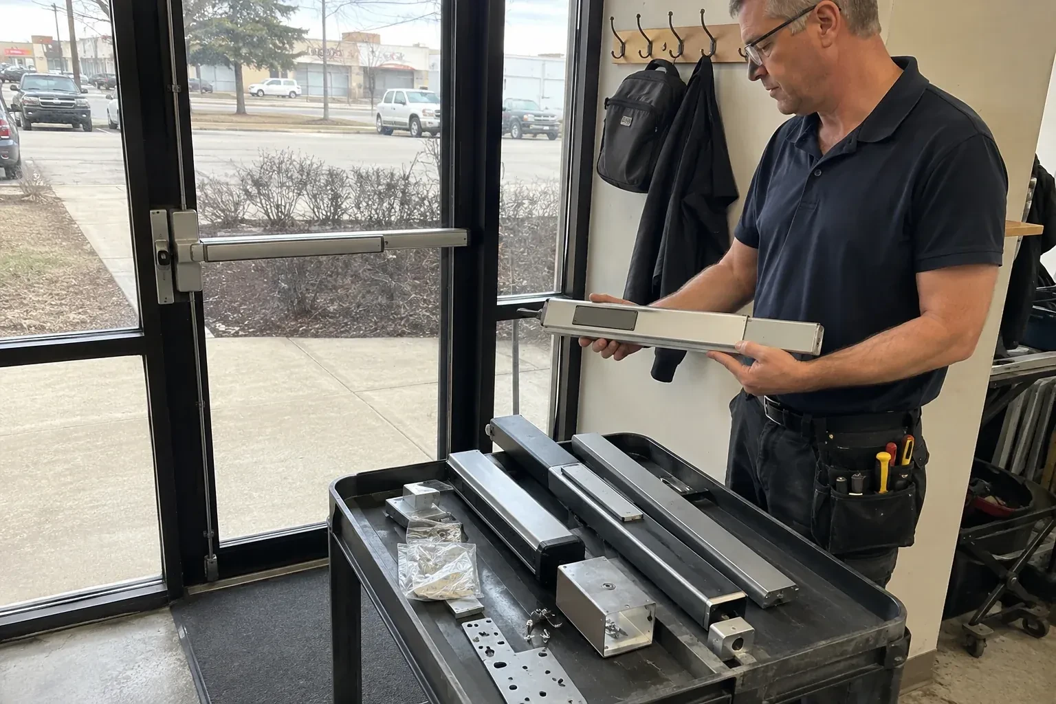 Person holding a long metal door-hardware assembly beside a cart of similar parts and a glass door fitted with a push bar. — Panic & Exit Hardware, Cambridge