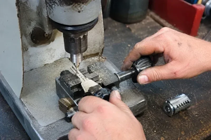Hands operating a bench-mounted machine with a key clamped beneath a vertical cutter and a loose lock cylinder nearby. — Car Key Replacement, Cambridge