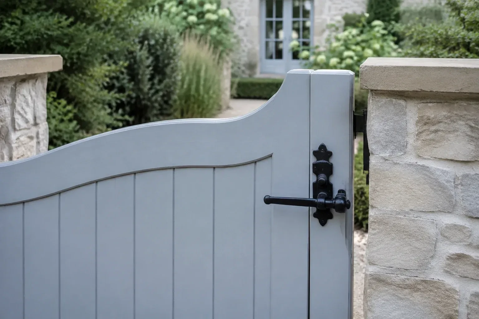 Pale blue garden gate with a black lever latch between light stone pillars. — Gate & Building Entry Locks, Cambridge