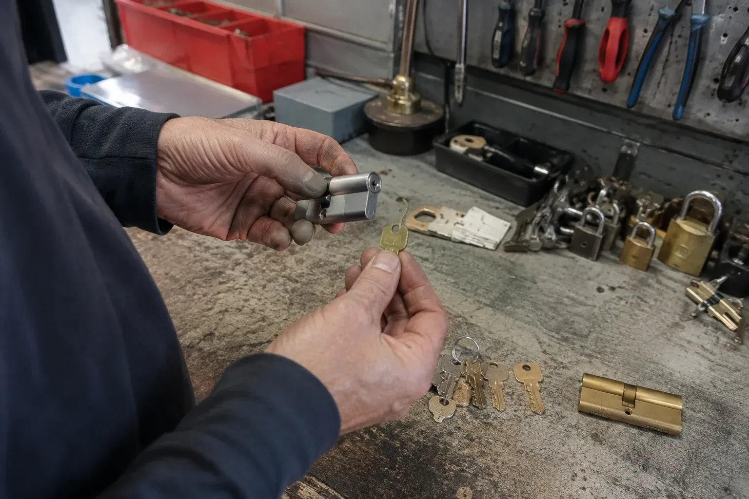 Hands holding a silver-colored lock cylinder and a brass-colored key above a workbench with padlocks, keys and tools. — Master Key System Design, Cambridge