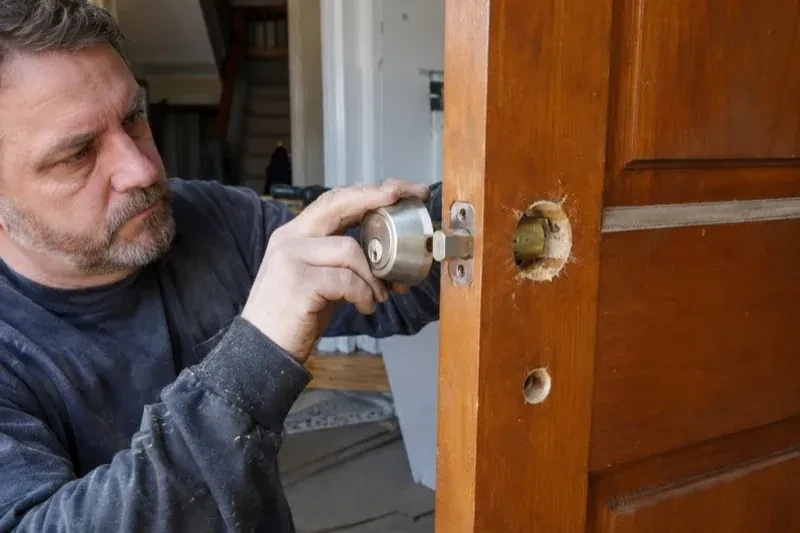 Person holding a silver-colored lock beside an open wooden door with exposed circular holes and a latch at its edge. — Deadbolt Installation, Cambridge