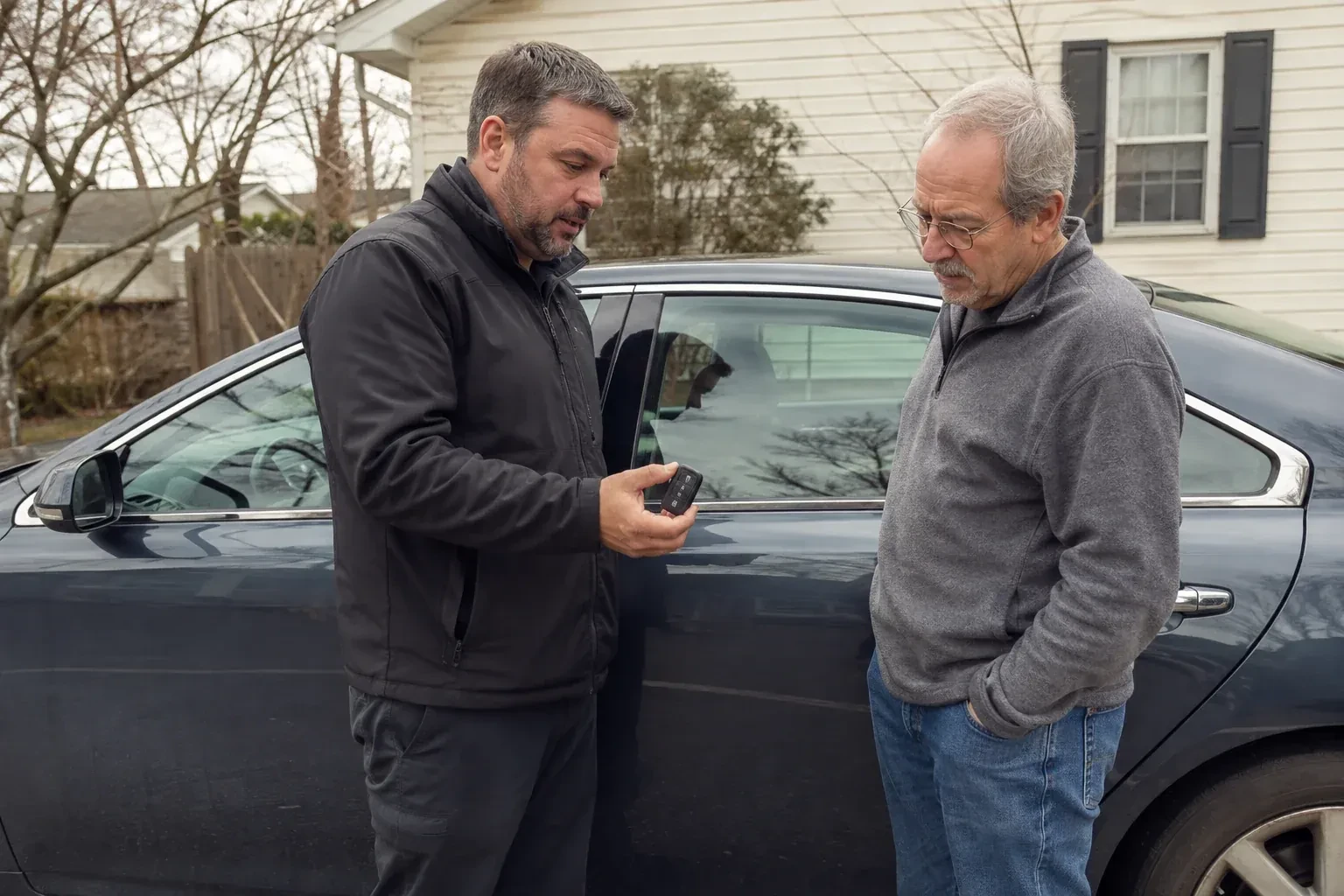 Two people beside a dark sedan, one holding up a black key fob. — Car Lockout Service, Cambridge