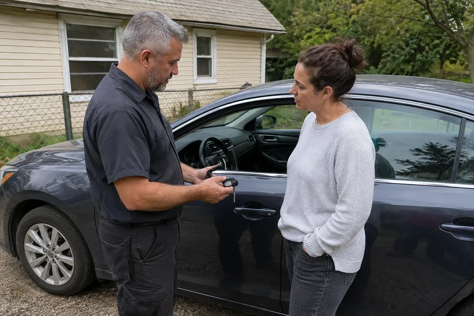 Two people standing beside a car with its window lowered, one holding a key and black key fob. — Ignition Lock Repair, Cambridge