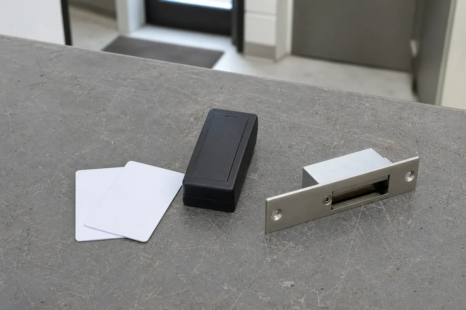 Detached card reader, two plain cards and an electric-strike component on a service bench. — Access Control Installation, Cambridge