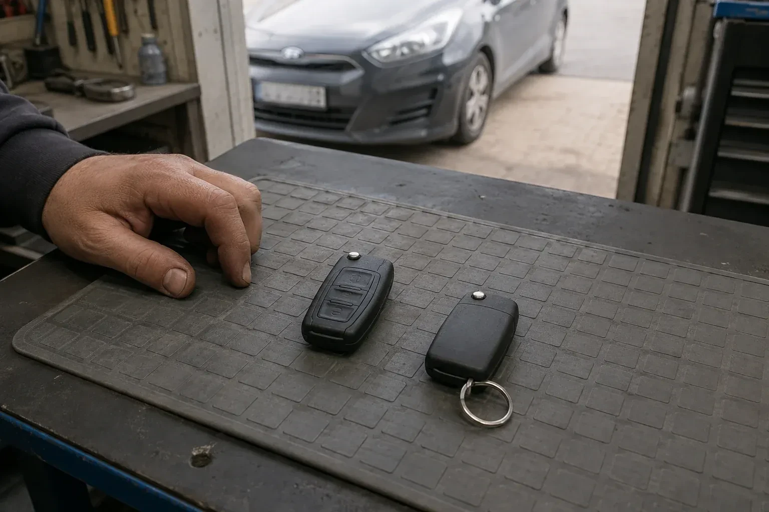 Two vehicle remote fobs on a work mat beside a technician’s hand, with a parked car beyond. — Key Fob Programming, Cambridge