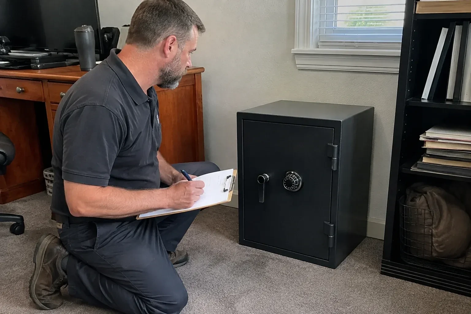 Person writing on a clipboard while kneeling beside a closed black safe with a numbered combination dial in a home office. — Safe Opening & Combination Change, Cambridge